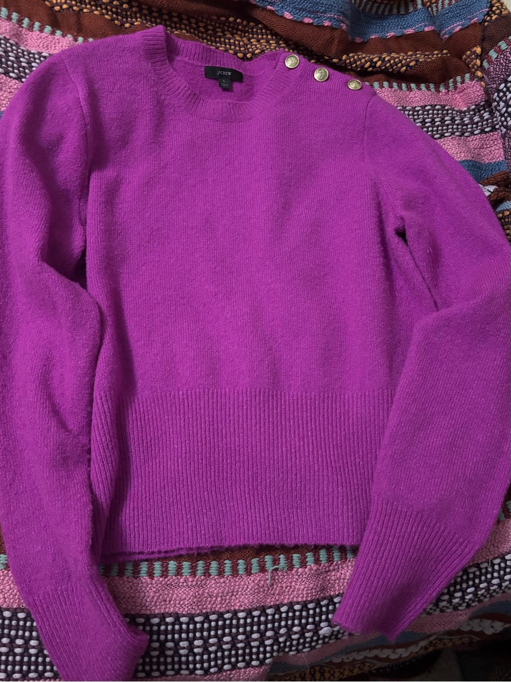 J. Crew Bright Purple Button-Shoulder Crewneck Sweater